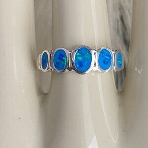 Vibrant Blue Fire Opal Inlay 925 Sterling Ring Sz 8